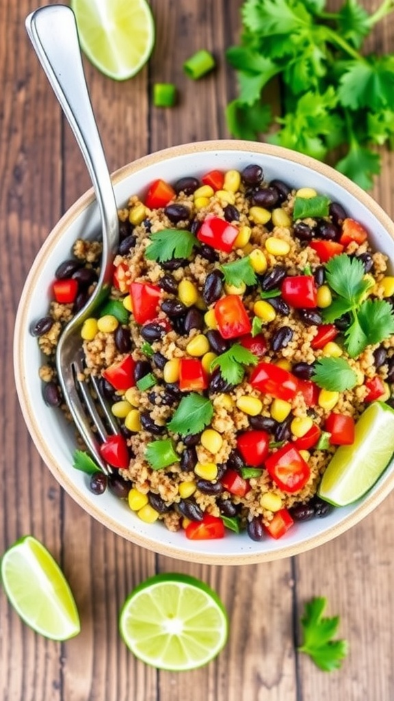 A fresh quinoa black bean salad with colorful veggies, served in a bowl with lime wedges.